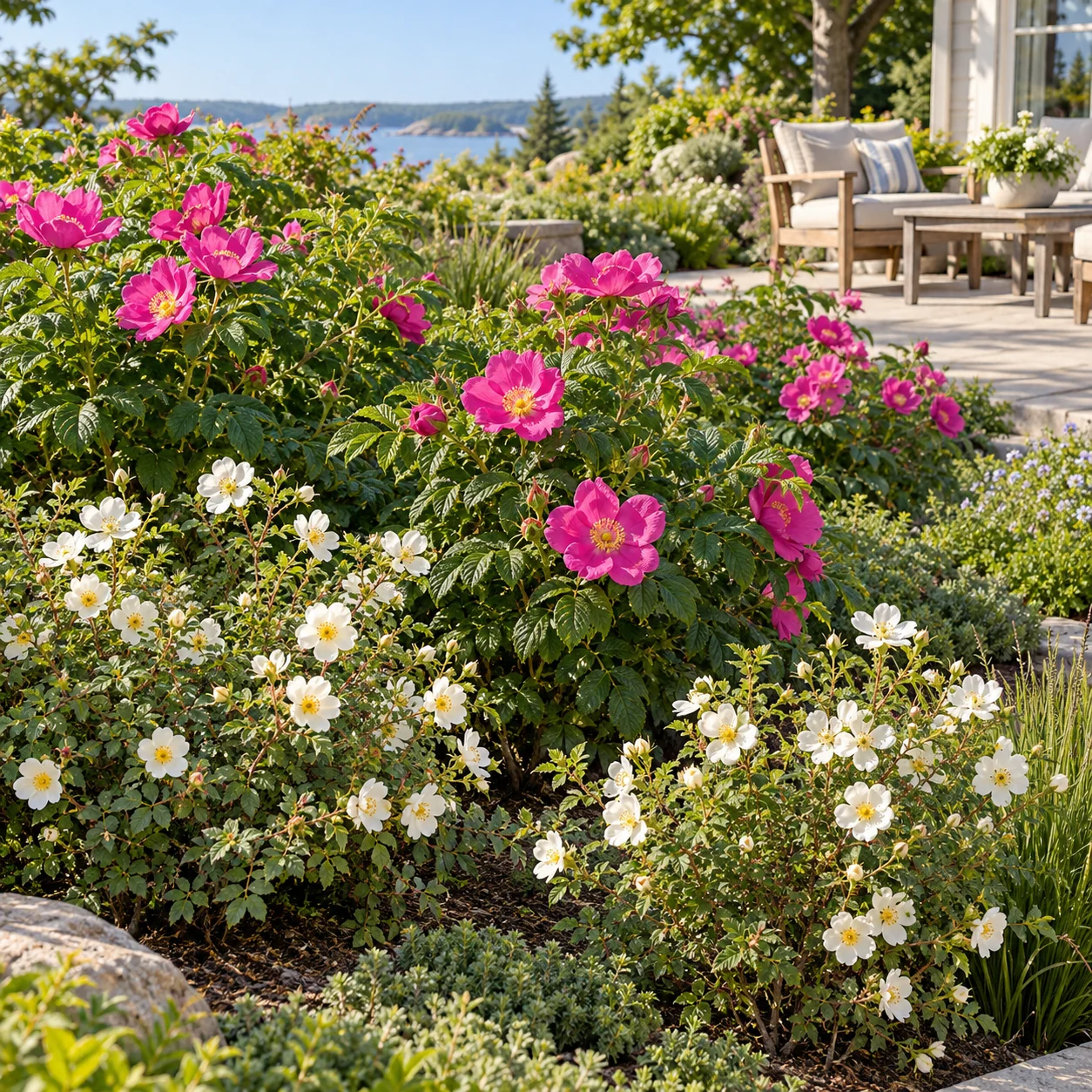 Rosa Inselrosen und weiße Dünenrosen als Blütenpflanzung an der Terrasse.