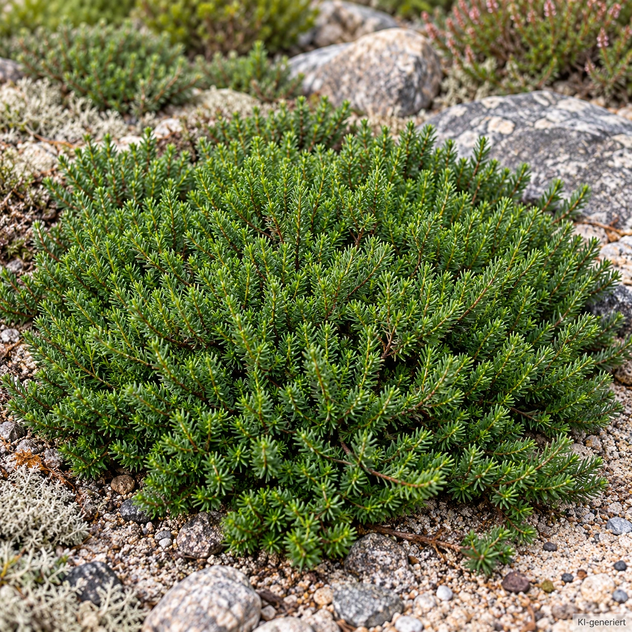 Krähenbeere 'Irland' als dichtes grünes Polster mit feinem nadelähnlichem Laub zwischen Gartensteinen.