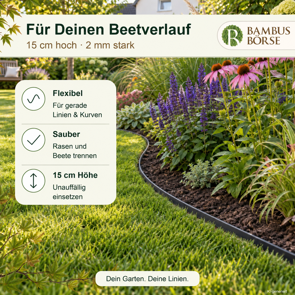 Rasenkante, Beeteinfassung (Stärke 2 mm, Höhe 15 cm ) aus HDPE*