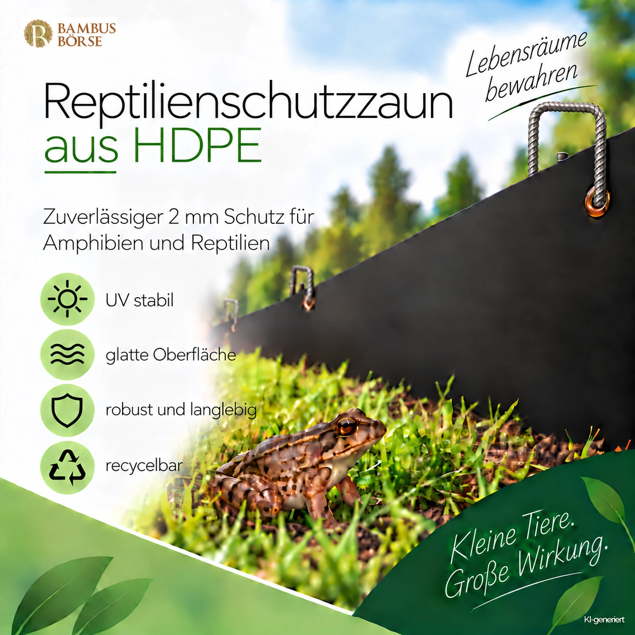 KI-generierte Illustration eines schwarzen Reptilienschutzzauns mit stahlgrauen Haltern und einem Frosch im Gras.