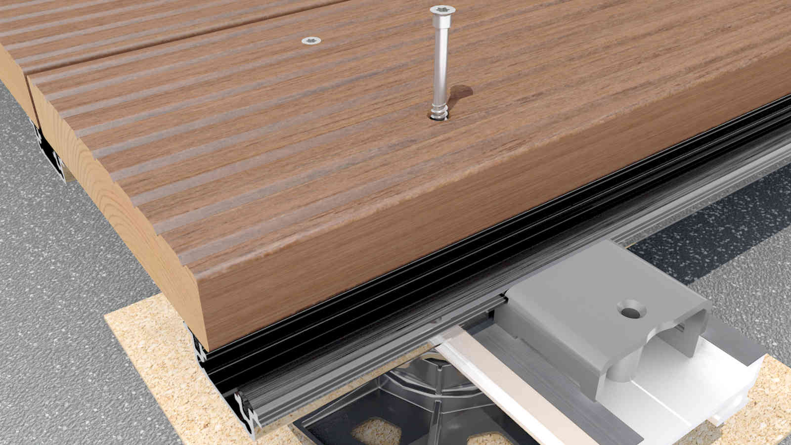 Eurotec-Terrasse-EVO-Holz-schwarze-Schiene-sichtbare-Befestigung Wasserleitsystem EVOdry