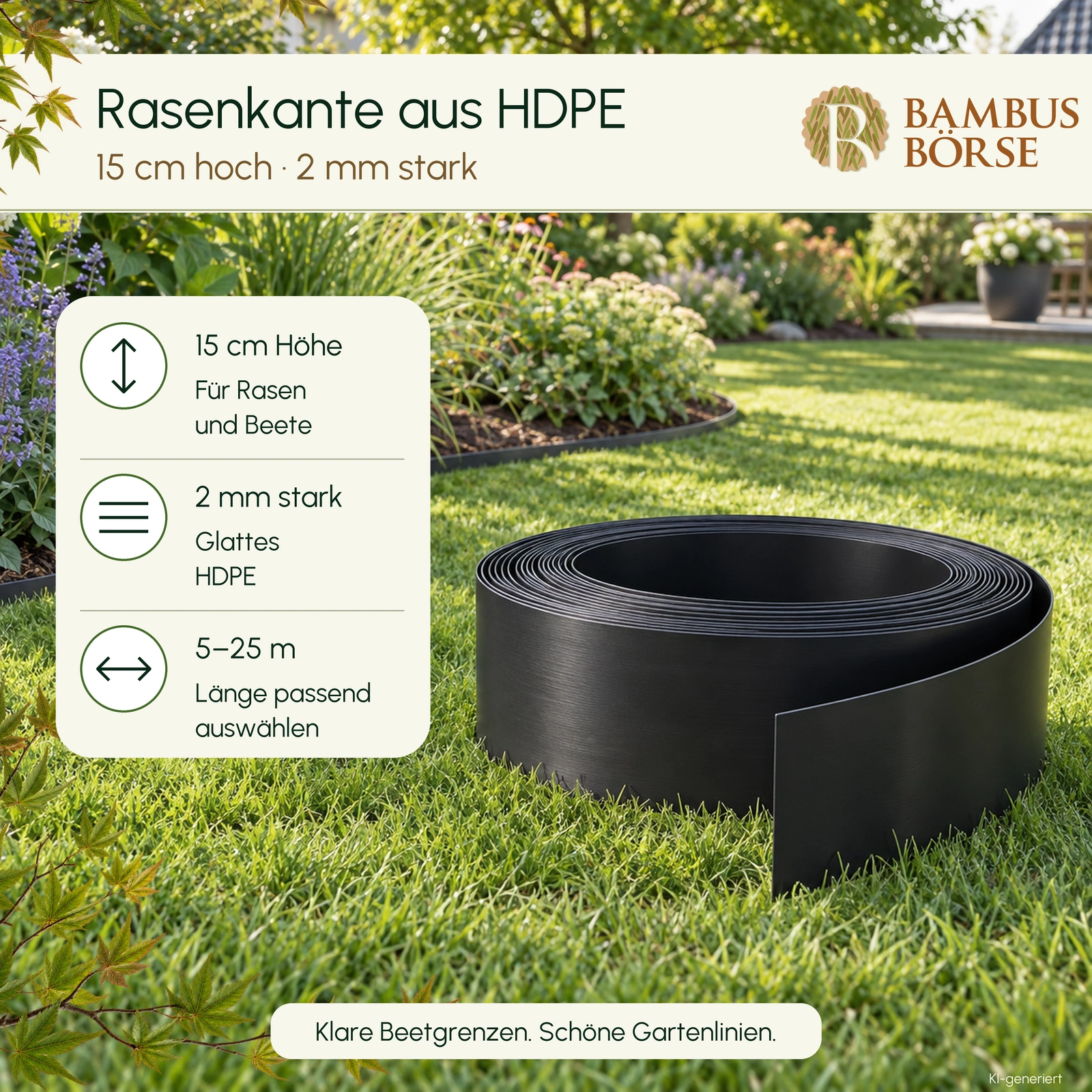 Schwarze HDPE-Beeteinfassung als niedrige Rolle im Garten, 15 cm hoch und 2 mm stark. KI-generiertes Symbolbild.