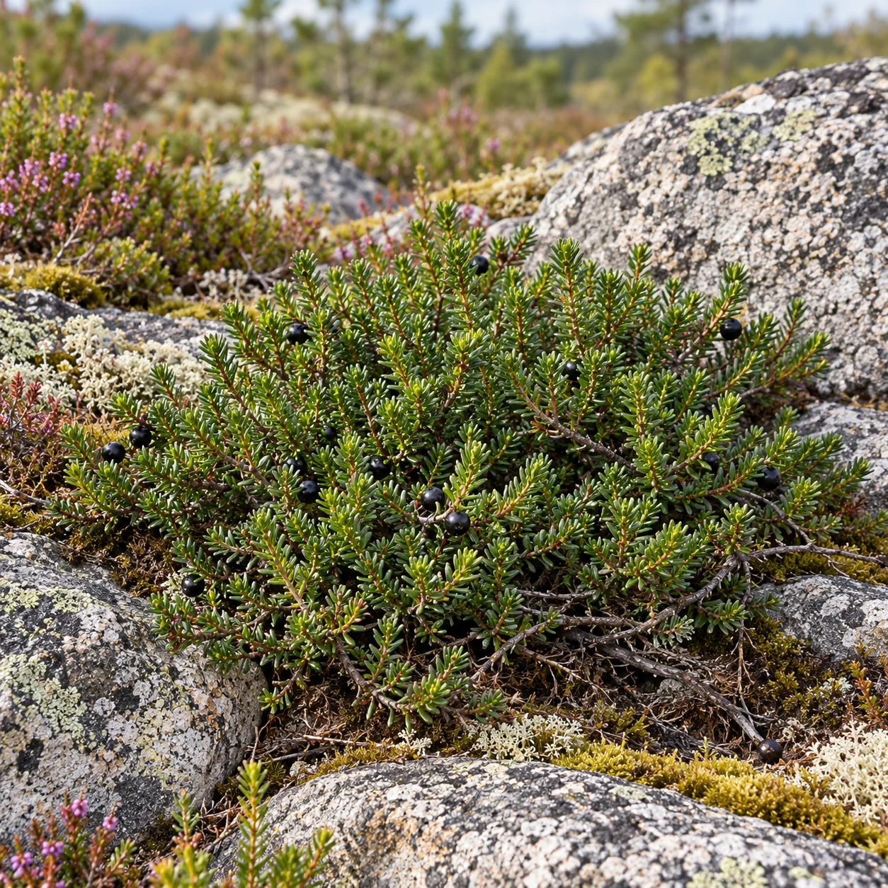Krähenbeere mit niedrigen dicht belaubten Trieben in einer naturnahen Gartenpflanzung.