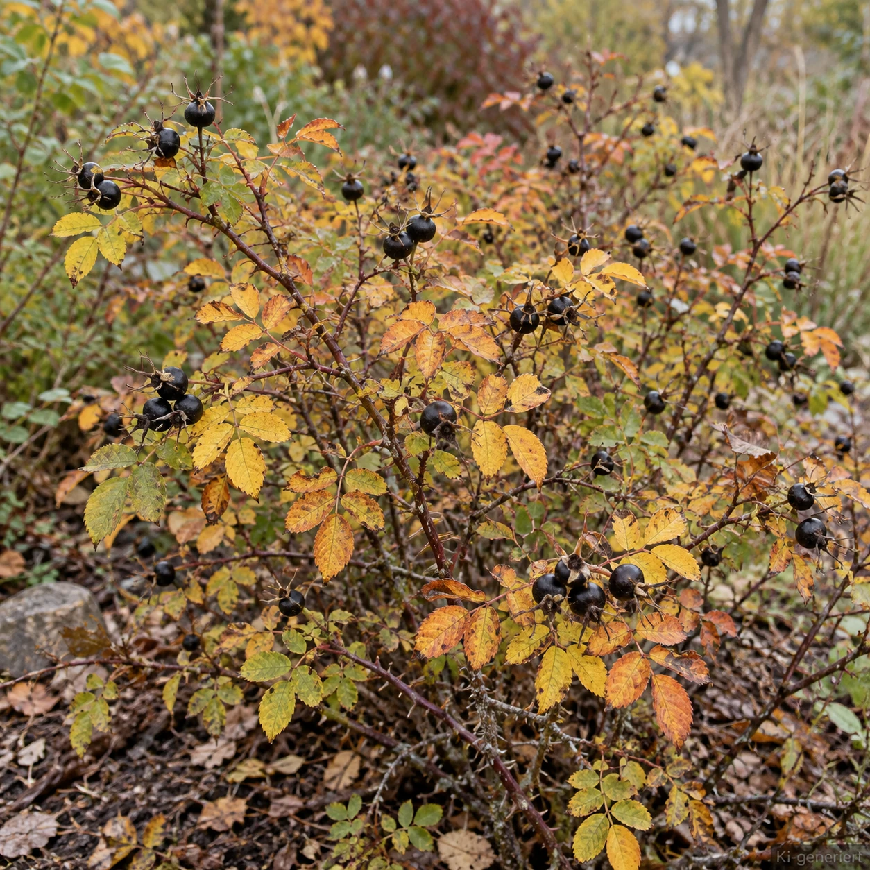 Bibernellrose mit gelblichem Herbstlaub und dunklen Hagebutten.