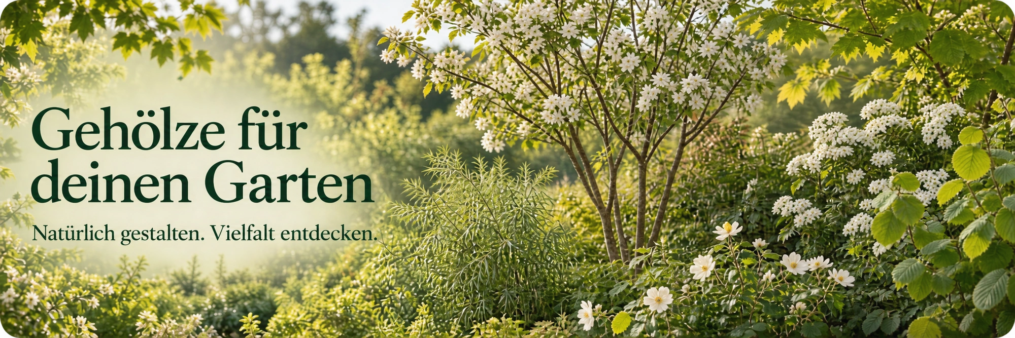 Blühende Gehölze in einem grünen Garten. Gehölze für deinen Garten – natürlich gestalten, Vielfalt entdecken.