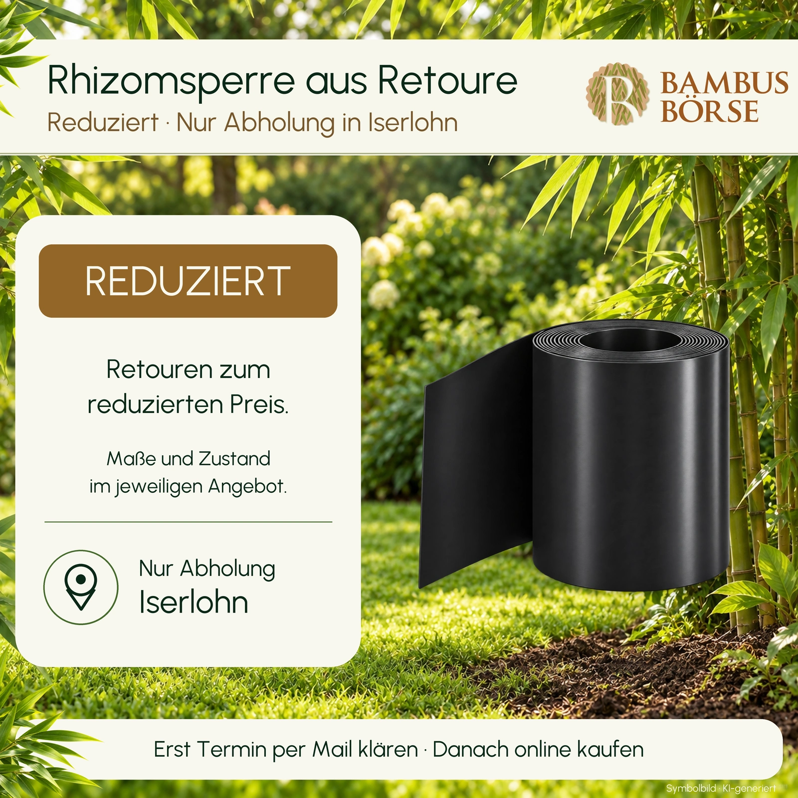 Schwarze HDPE-Rhizomsperre als Symbolbild für Retourenware mit Hinweis auf Abholung in Iserlohn. KI-generiert.