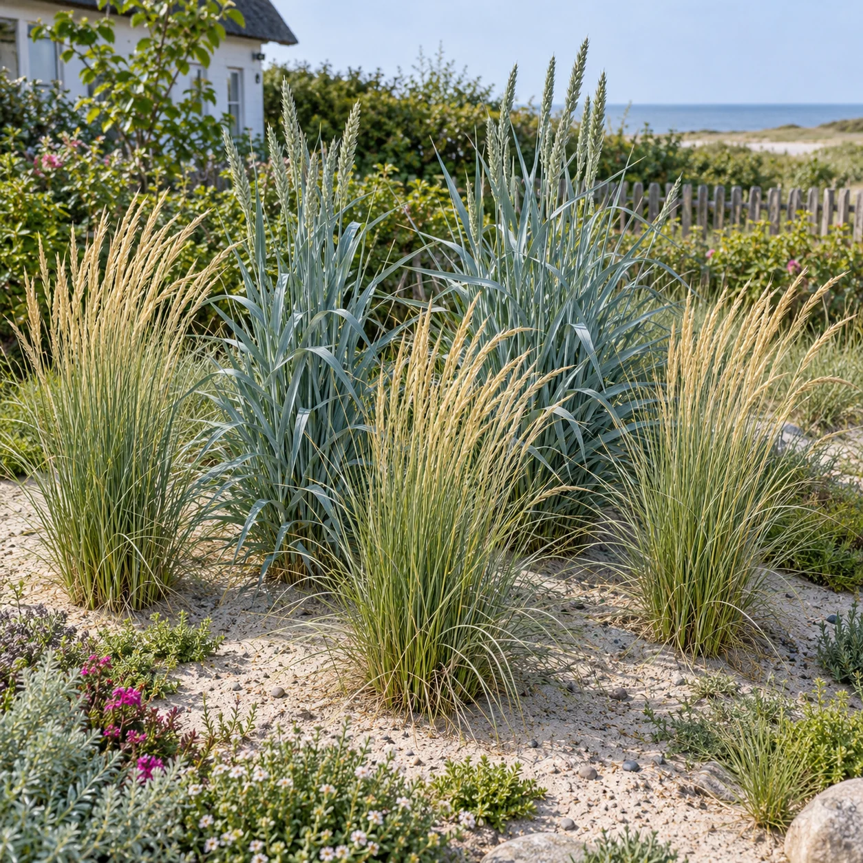 Oyat et seigle de mer bleu argenté dans un exemple de plantation du lot de cinq graminées des dunes.