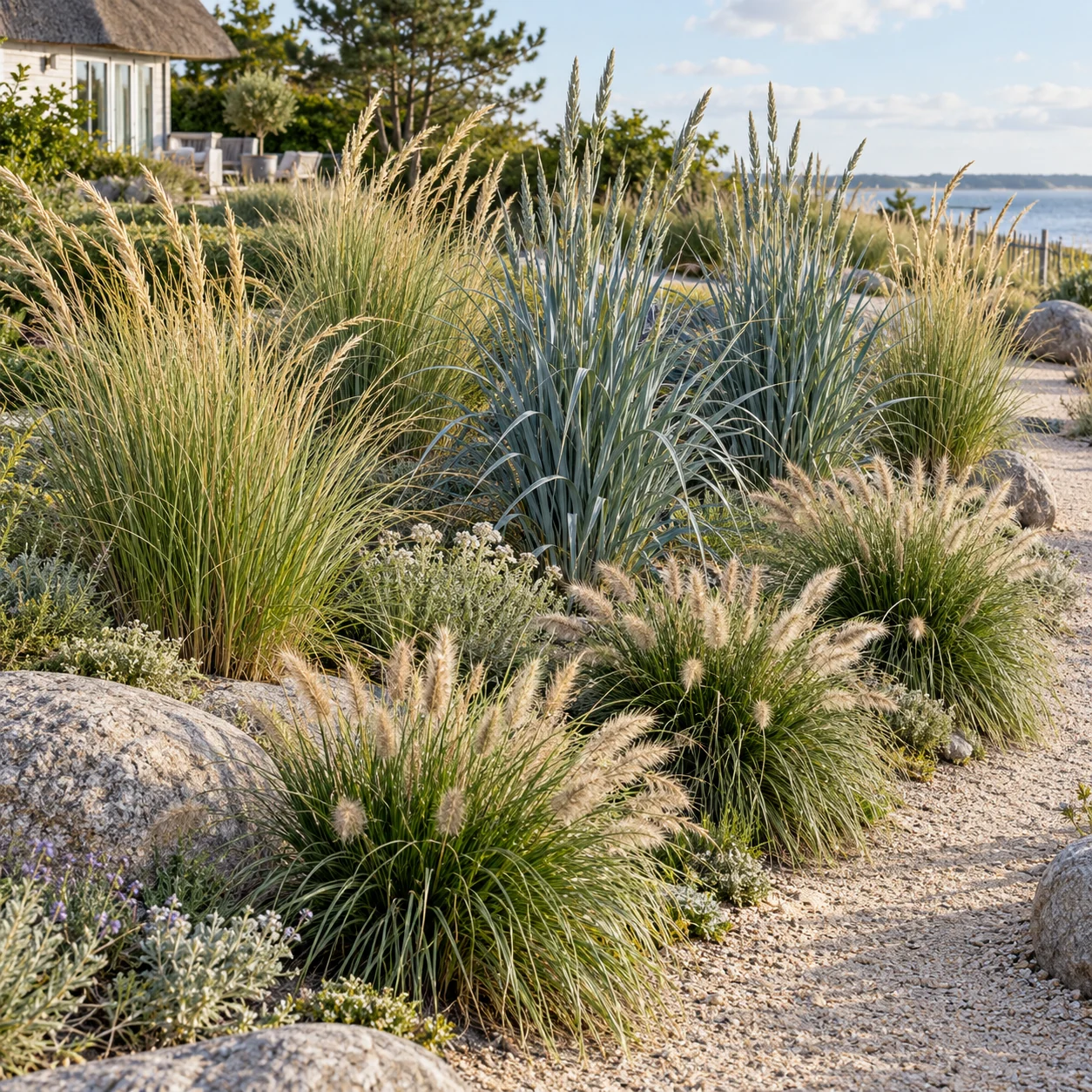 Oyat, seigle de mer et herbe aux écouvillons réunis dans un massif de jardin.
