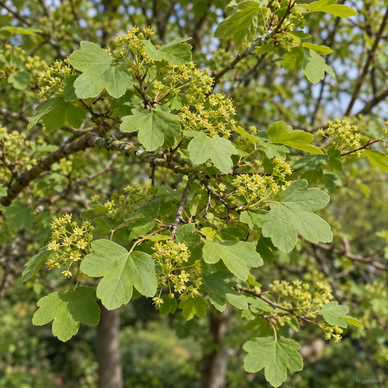Gelbgrüne Blüten des Feldahorns zwischen gelappten Blättern.