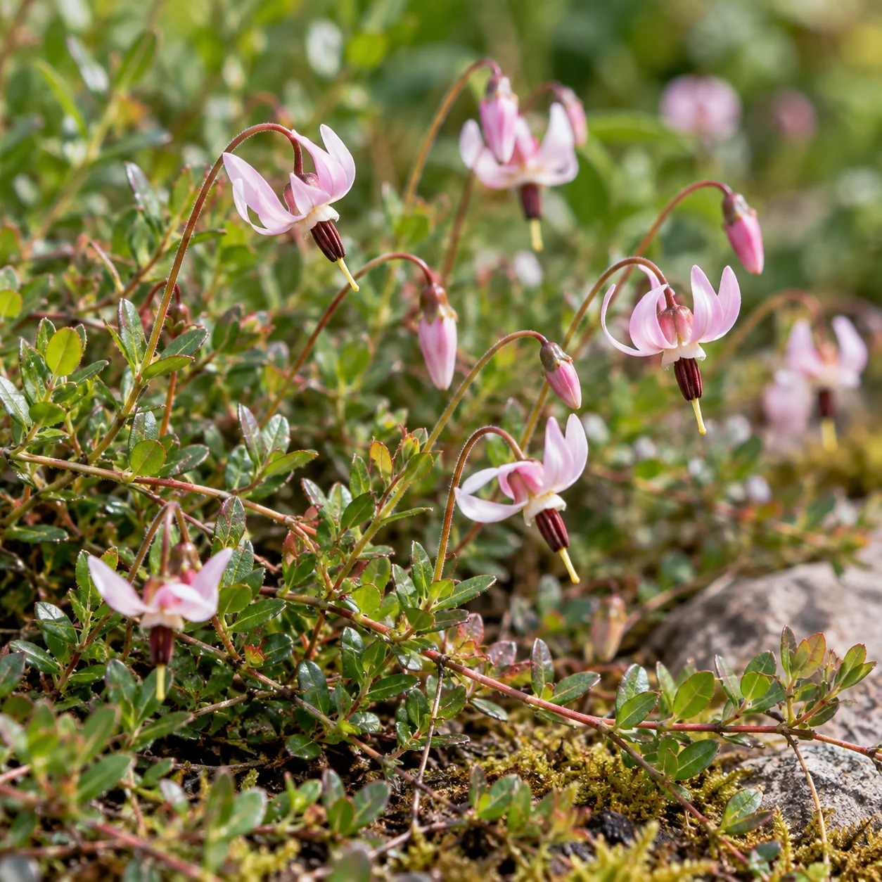 Zartrosa Cranberry-Blüten mit zurückgeschlagenen Blütenblättern in Nahaufnahme.