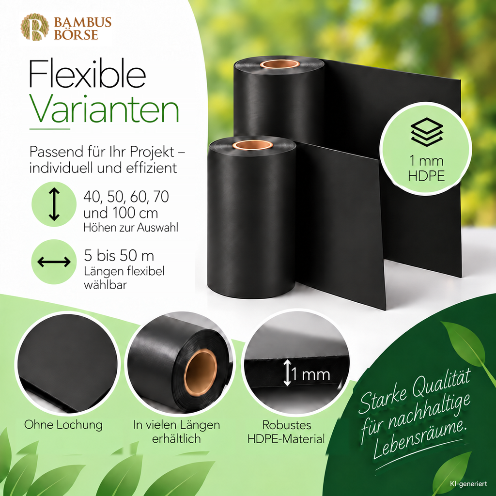 KI-generierte Darstellung schwarzer, ungebohrter HDPE-Rollen mit 1 mm Materialstärke: 40, 50, 60, 70 und 100 cm Höhe sowie wählbare Längen von 5 bis 50 m.