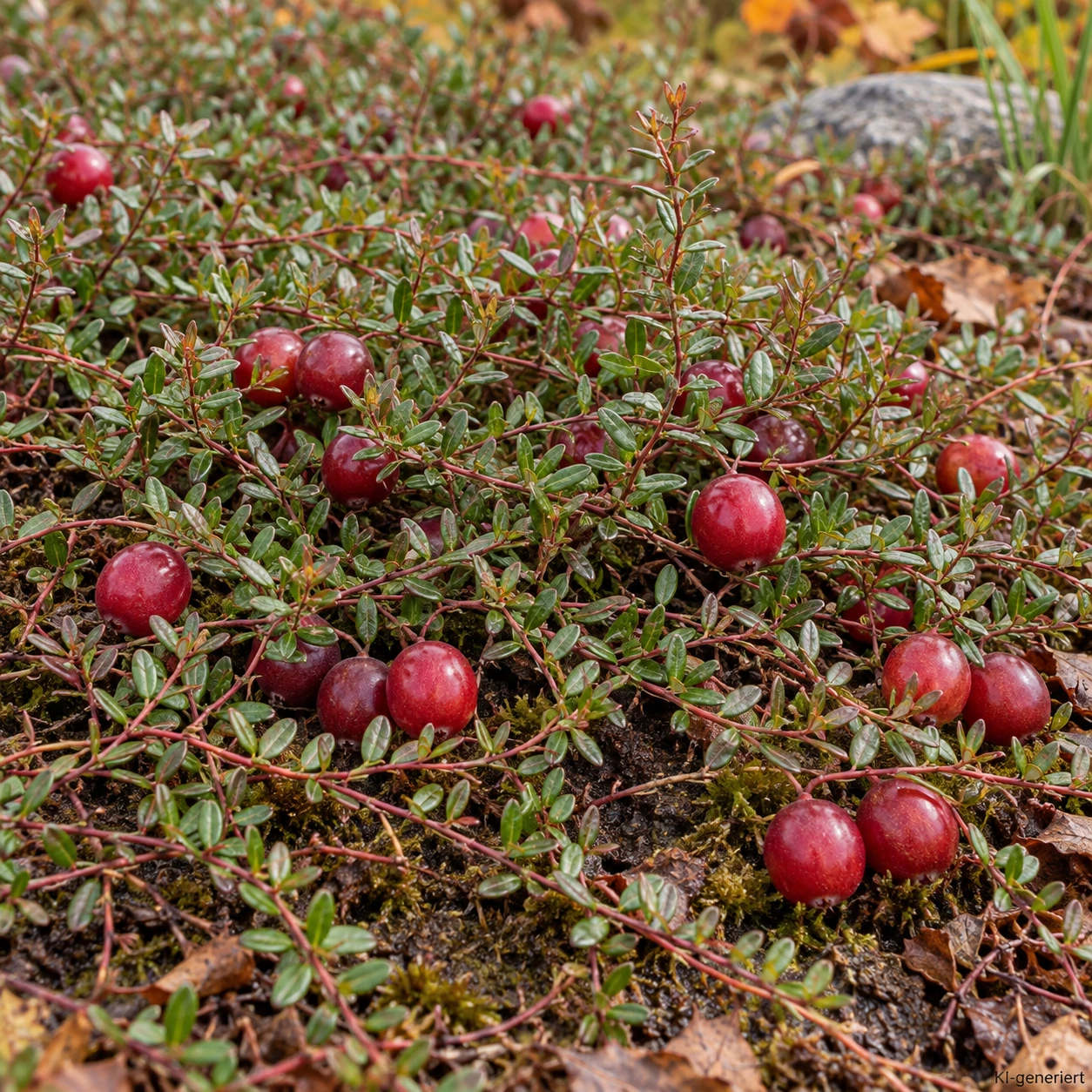 Cranberry 'Bergman' mit roten Früchten an flachen, dünnen Trieben zwischen kleinen ovalen Blättern.