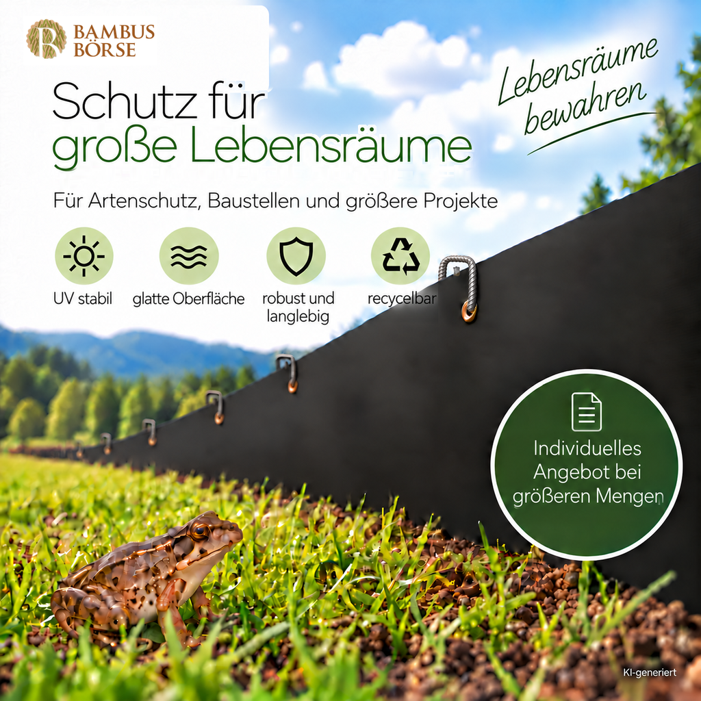 KI-generierte Illustration einer langen schwarzen HDPE-Zaunbahn mit Frosch und Hinweis auf ein individuelles Angebot bei größeren Mengen.