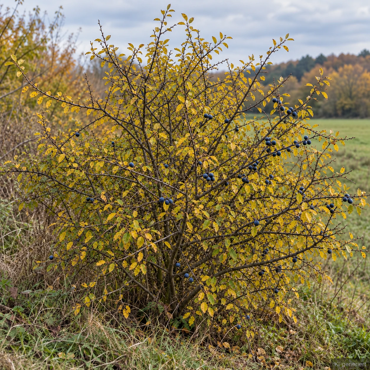 Schlehe mit gelbem Herbstlaub.