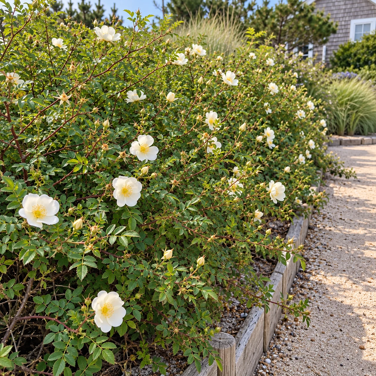 Weiß blühende Dünenrosen in einem sonnigen Gartenbeet.