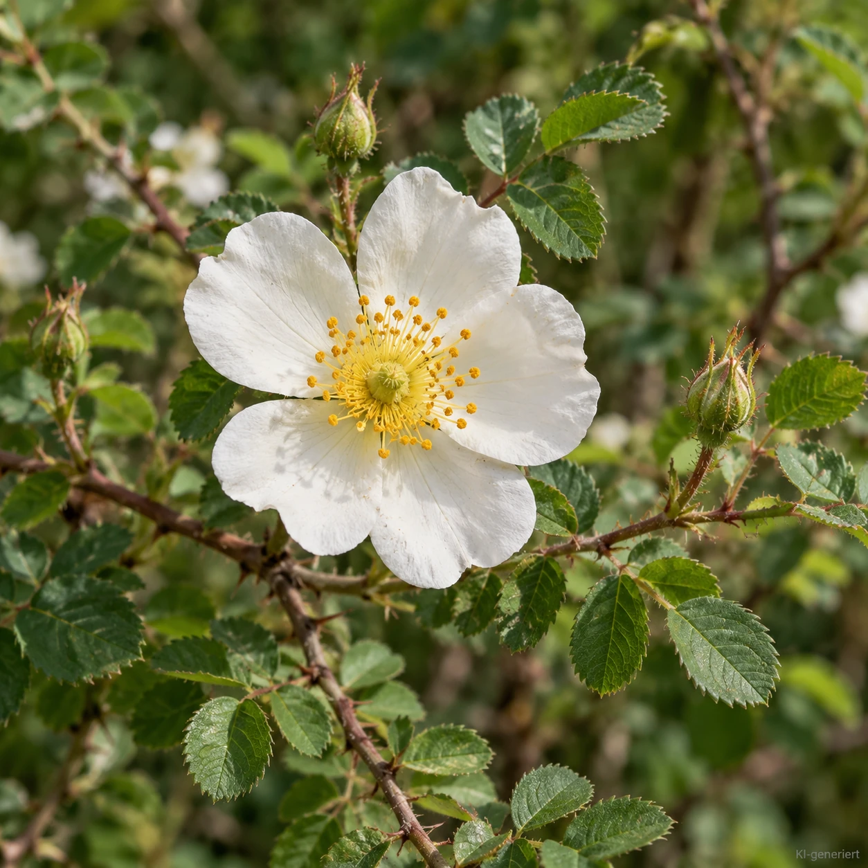 Weiße Blüte der Bibernellrose mit gelben Staubblättern.