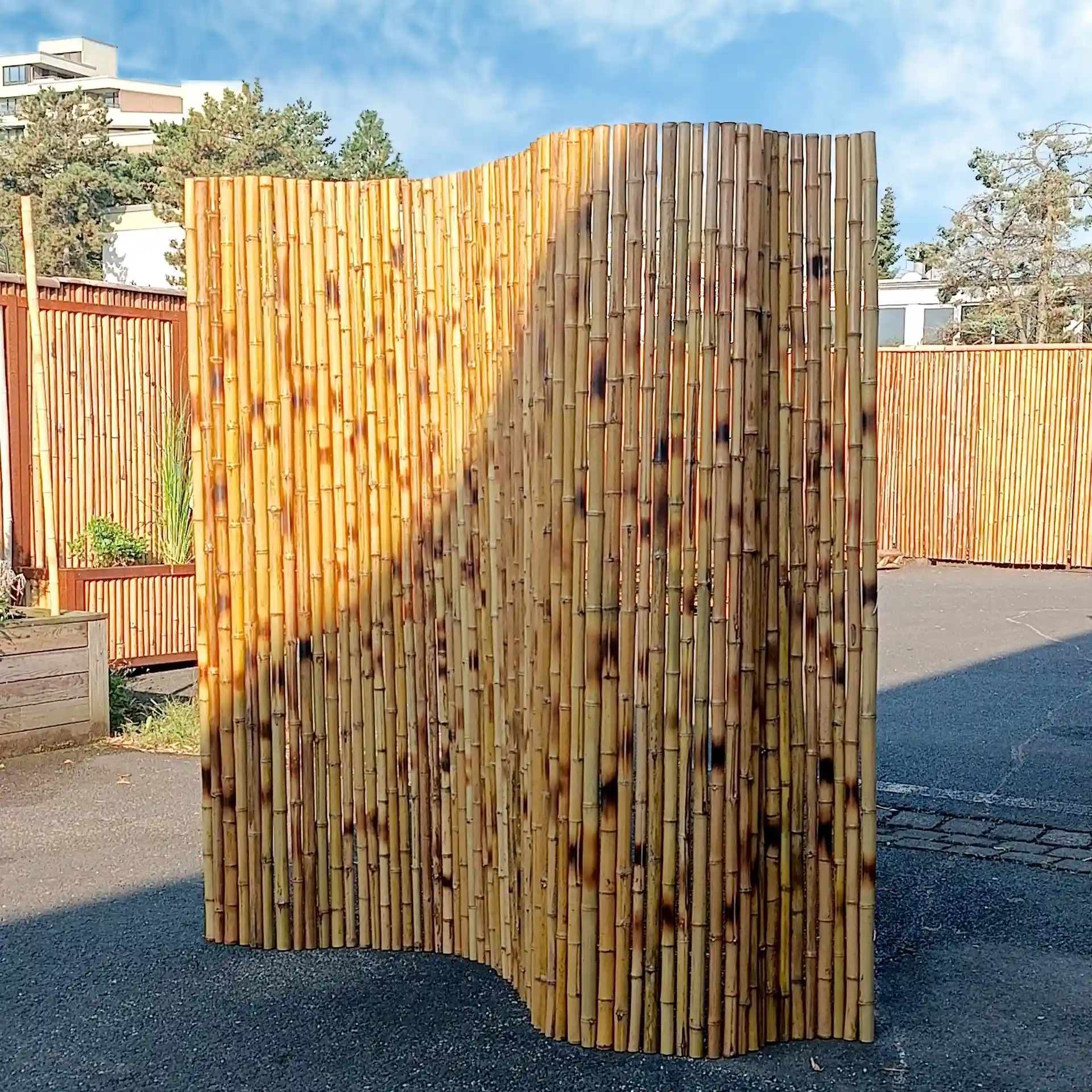 Cendani Bambusrollmatte als flexibler Sichtschutz für Garten und Terrasse aufgestellt.