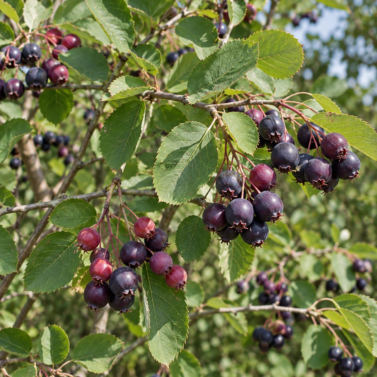 Dunkle Früchte der Kupfer-Felsenbirne zwischen grünen Blättern.