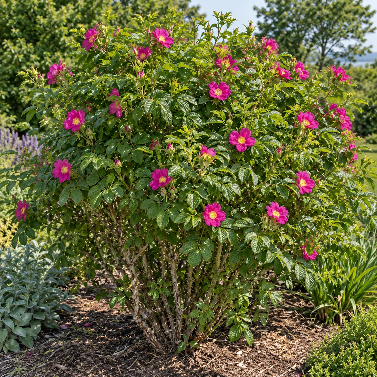 Rosa blühende Inselrose mit kräftigem grünem Laub in einer Gartenpflanzung.