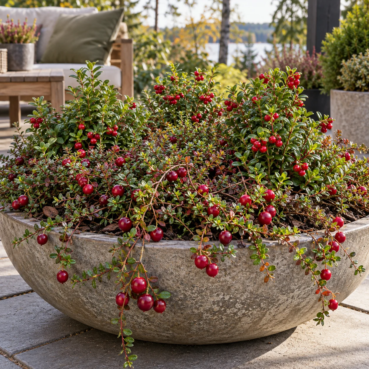 Preiselbeeren und Cranberries in einer Pflanzung an der Terrasse.