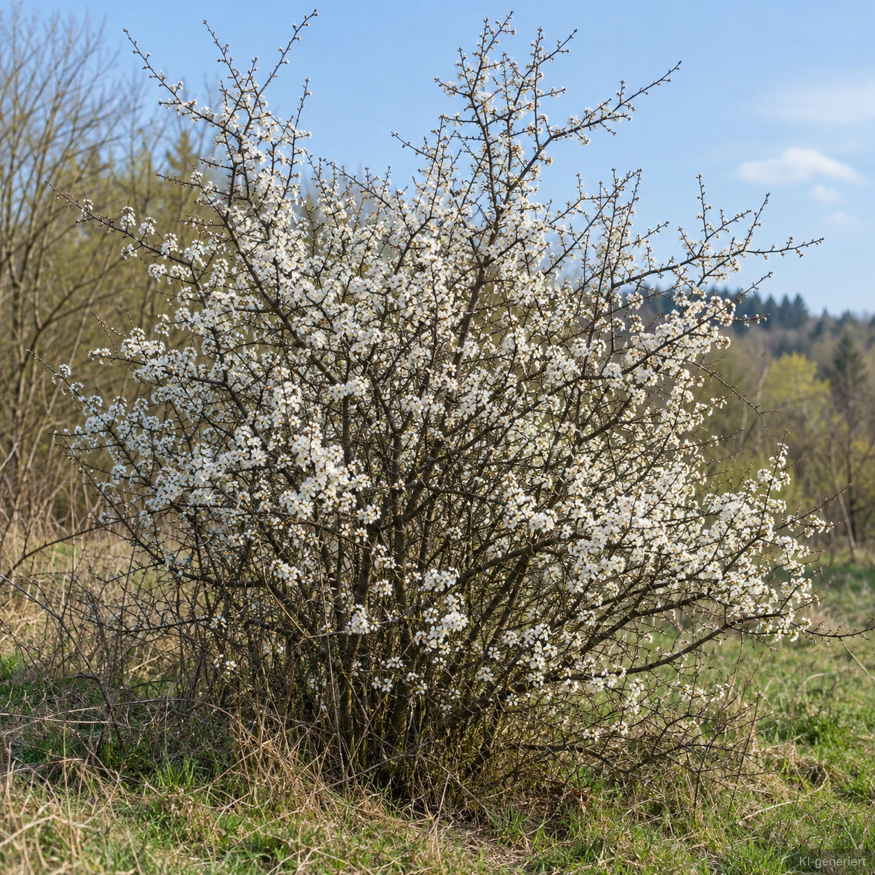 Schlehe mit weißen Blüten vor dem Laubaustrieb.