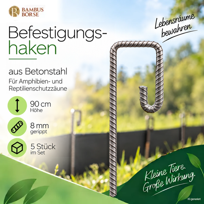 Befestigungshaken aus geripptem Betonstahl für Amphibien- und Reptilienschutzzäune, 90 cm hoch, im 5er-Set.