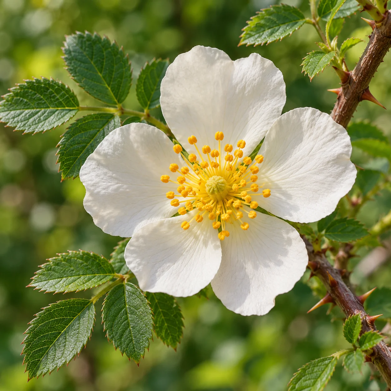 Weiße Dünenrosenblüte mit gelben Staubgefäßen und fein gefiedertem Laub.