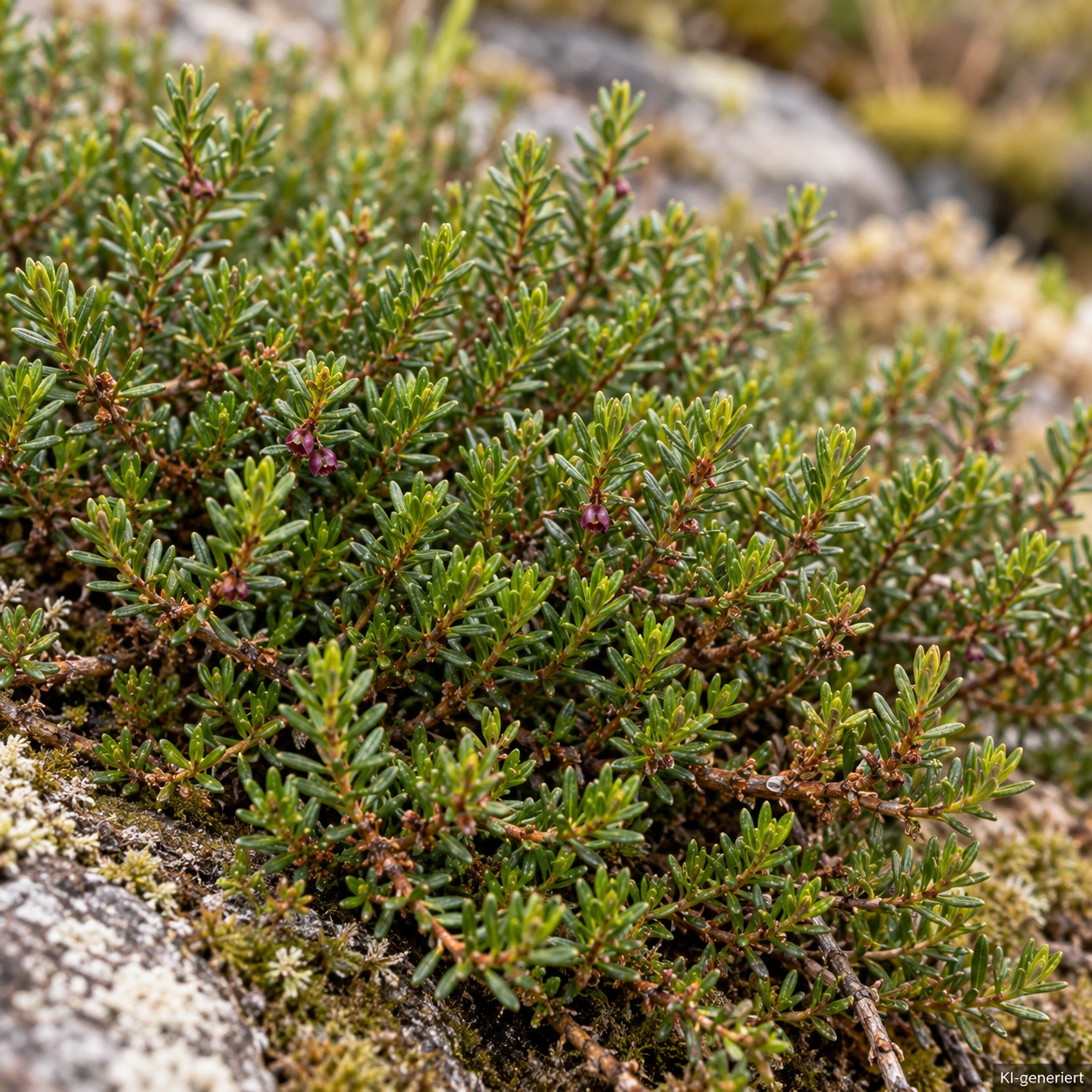 Feine grüne Blätter und winzige purpurfarbene Frühlingsblüten der Krähenbeere 'Irland' in Nahaufnahme.