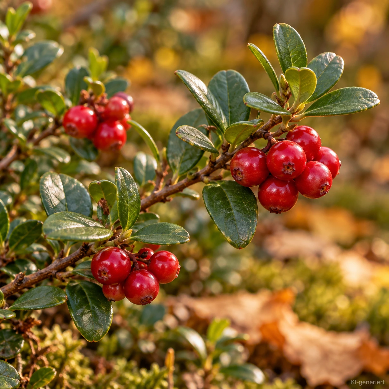 Rote reife Preiselbeeren der Sorte 'Red Pearl' am Zweig im Herbst.