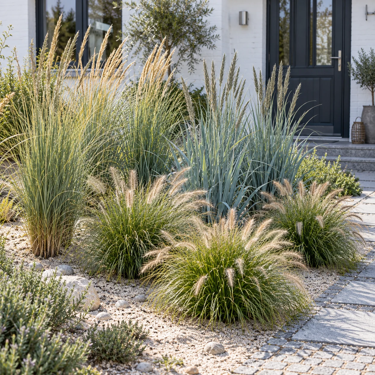 Oyat, seigle de mer et herbe aux écouvillons dans un exemple de plantation à l’entrée d’une maison.