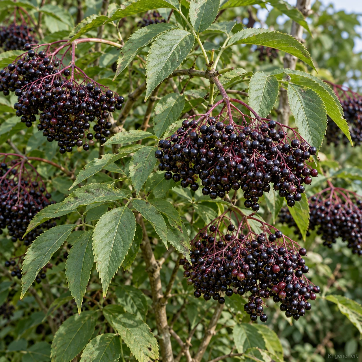 Dunkle Holunderbeeren in Fruchtständen am Zweig.