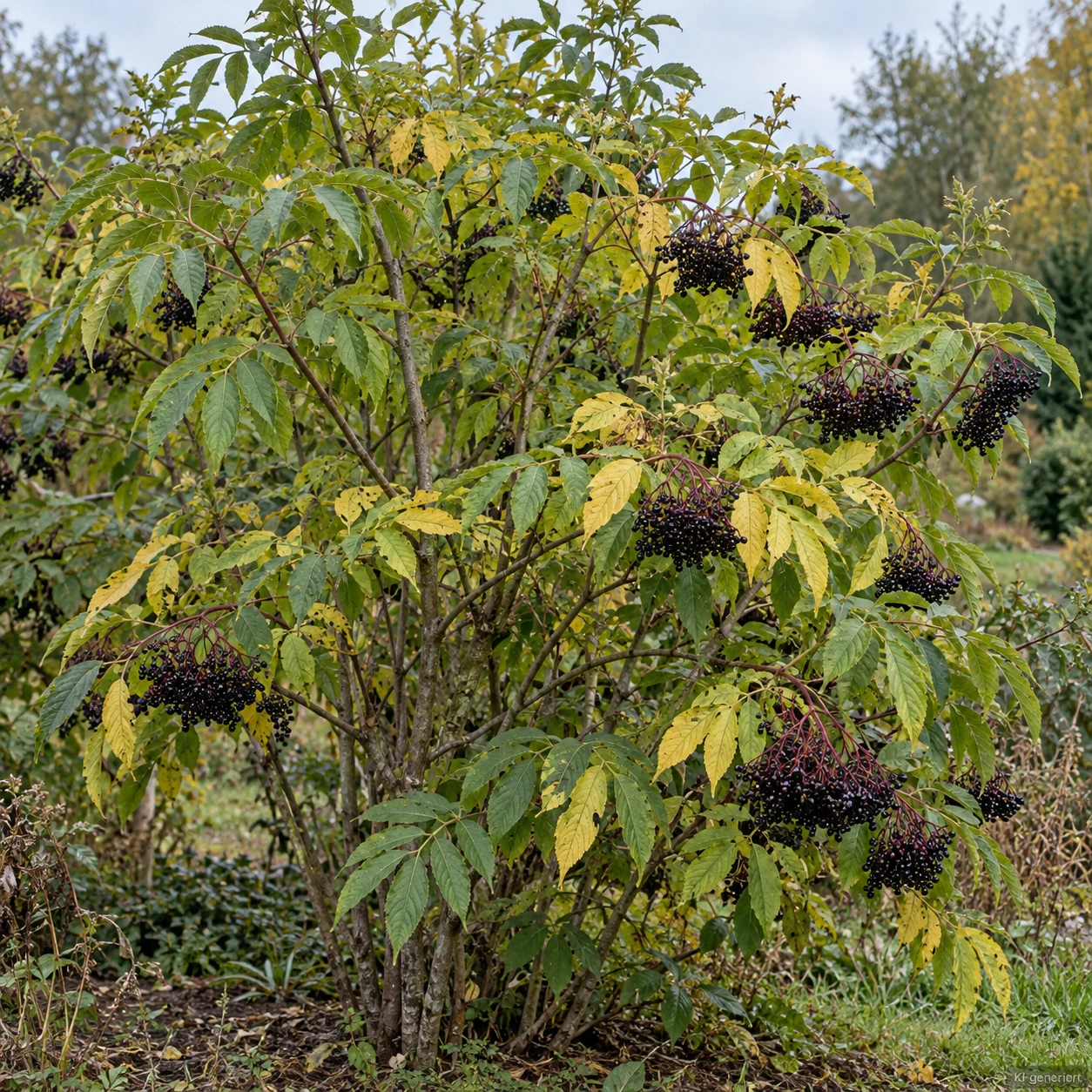 Schwarzer Holunder mit gelbgrünem Herbstlaub.