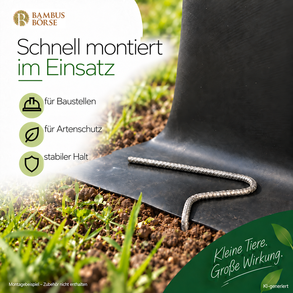 KI-generierte Nahaufnahme der Bodenbefestigung einer schwarzen HDPE-Bahn mit umgelegtem Folienfuß und silbergrauem Niederhalter aus geripptem Stahl; Zubehör nicht enthalten.