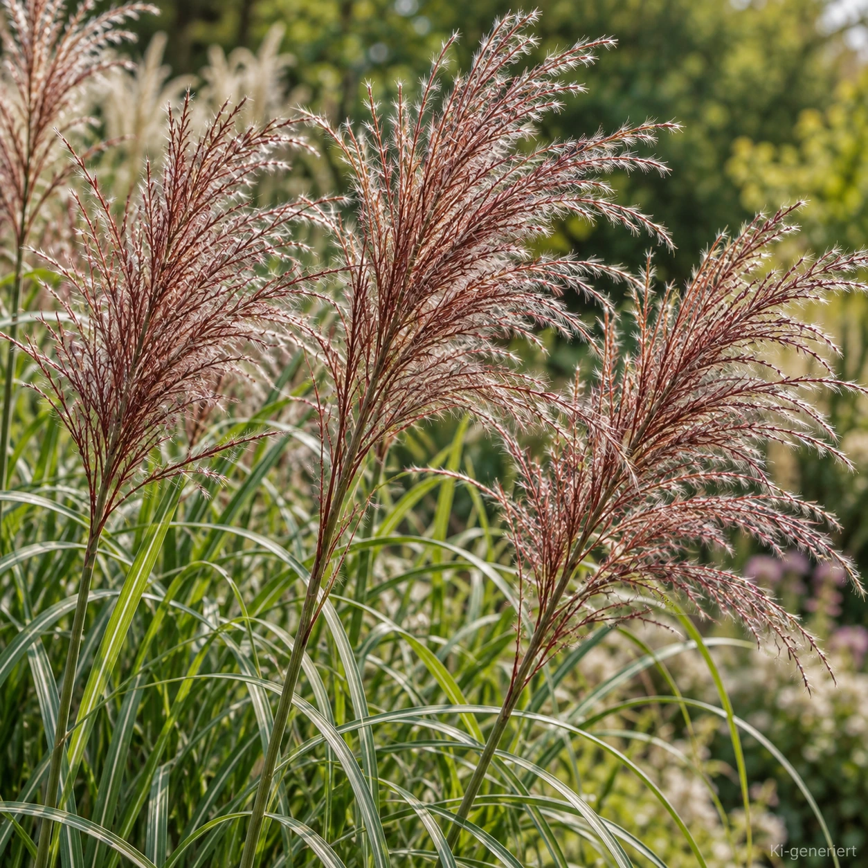Fein verzweigte rotbraune Blütenrispen von Miscanthus sinensis 'Red Chief' mit silbrigen Härchen im Detail.