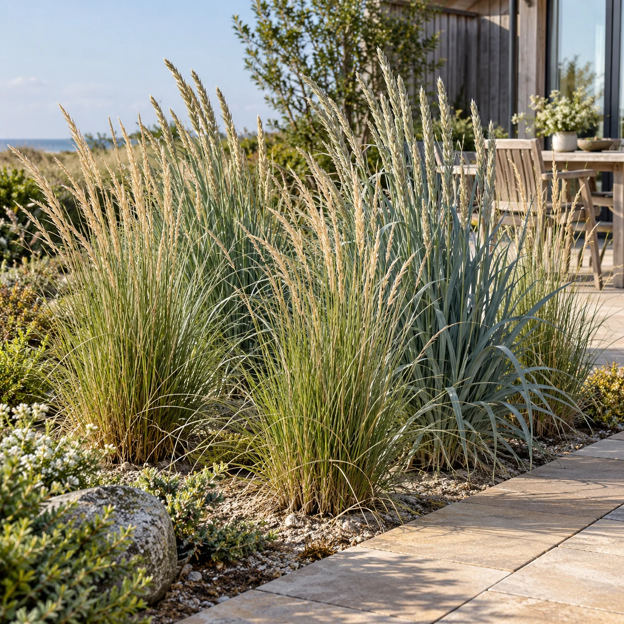 Oyat et seigle de mer bleu argenté plantés près d’une terrasse.