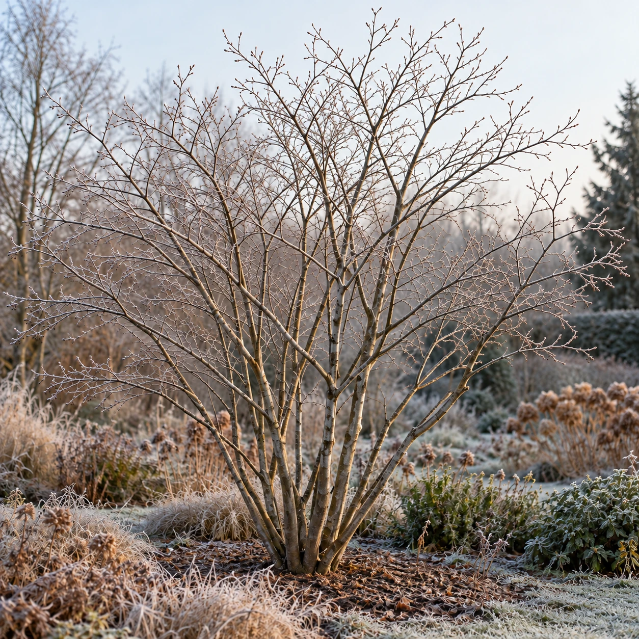 Blattlose Kupfer-Felsenbirne im Garten mit Raureif.