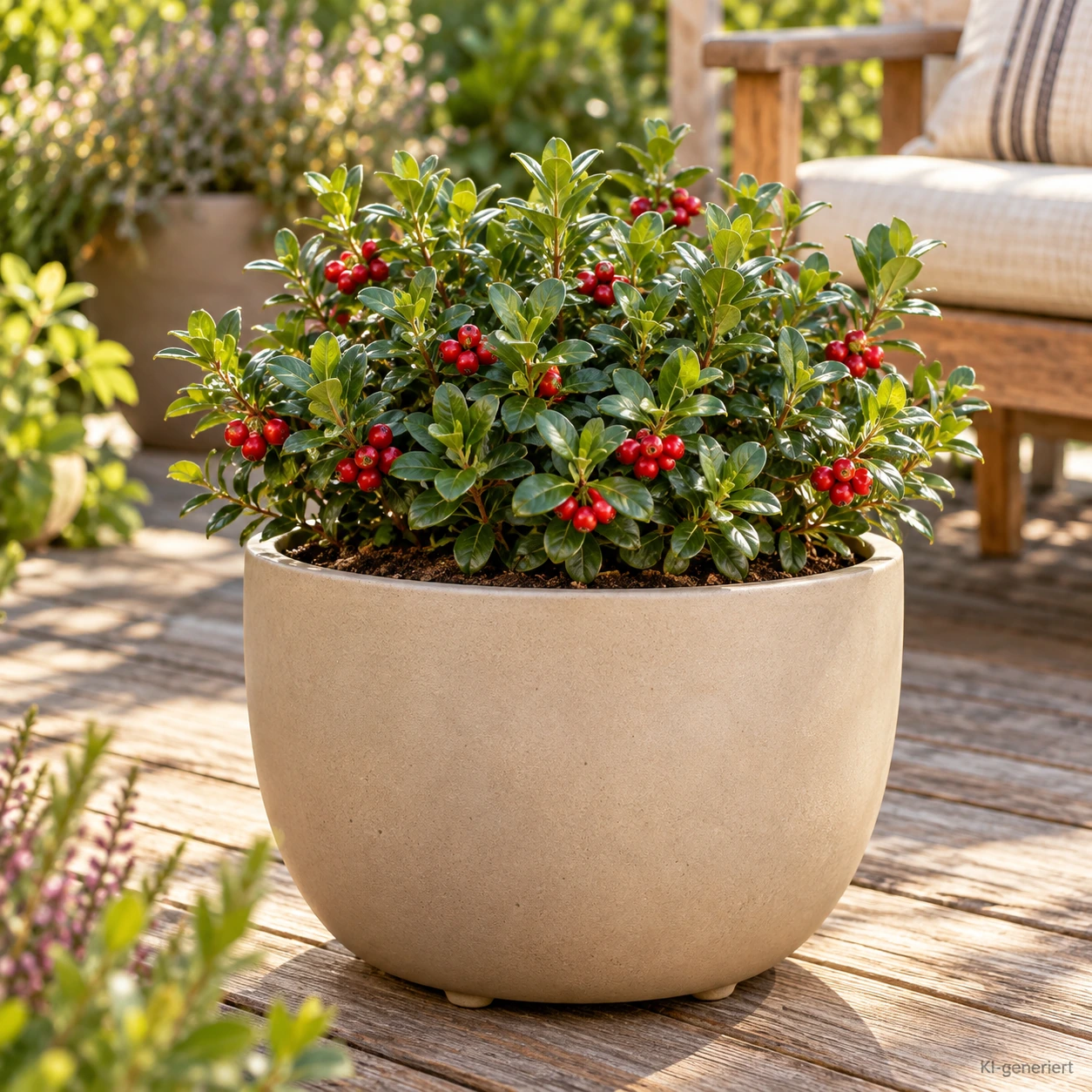 Preiselbeere 'Red Pearl' mit roten Beeren in einem hellen Pflanzkübel auf einer Holzterrasse.