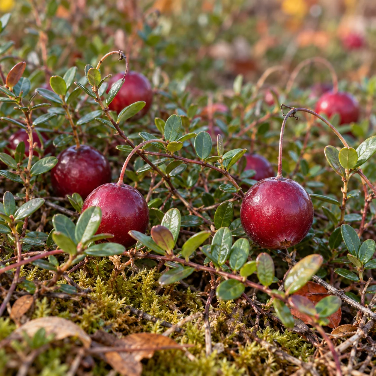 Rote Cranberry-Früchte zwischen kleinen grünen Blättern in Nahaufnahme.
