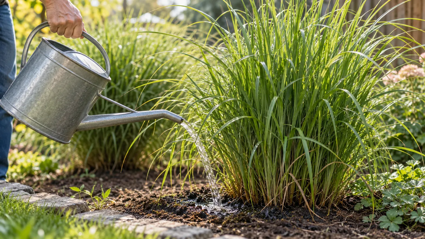 Ziergras wird mit einer Gießkanne direkt am Wurzelbereich im Gartenbeet gewässert