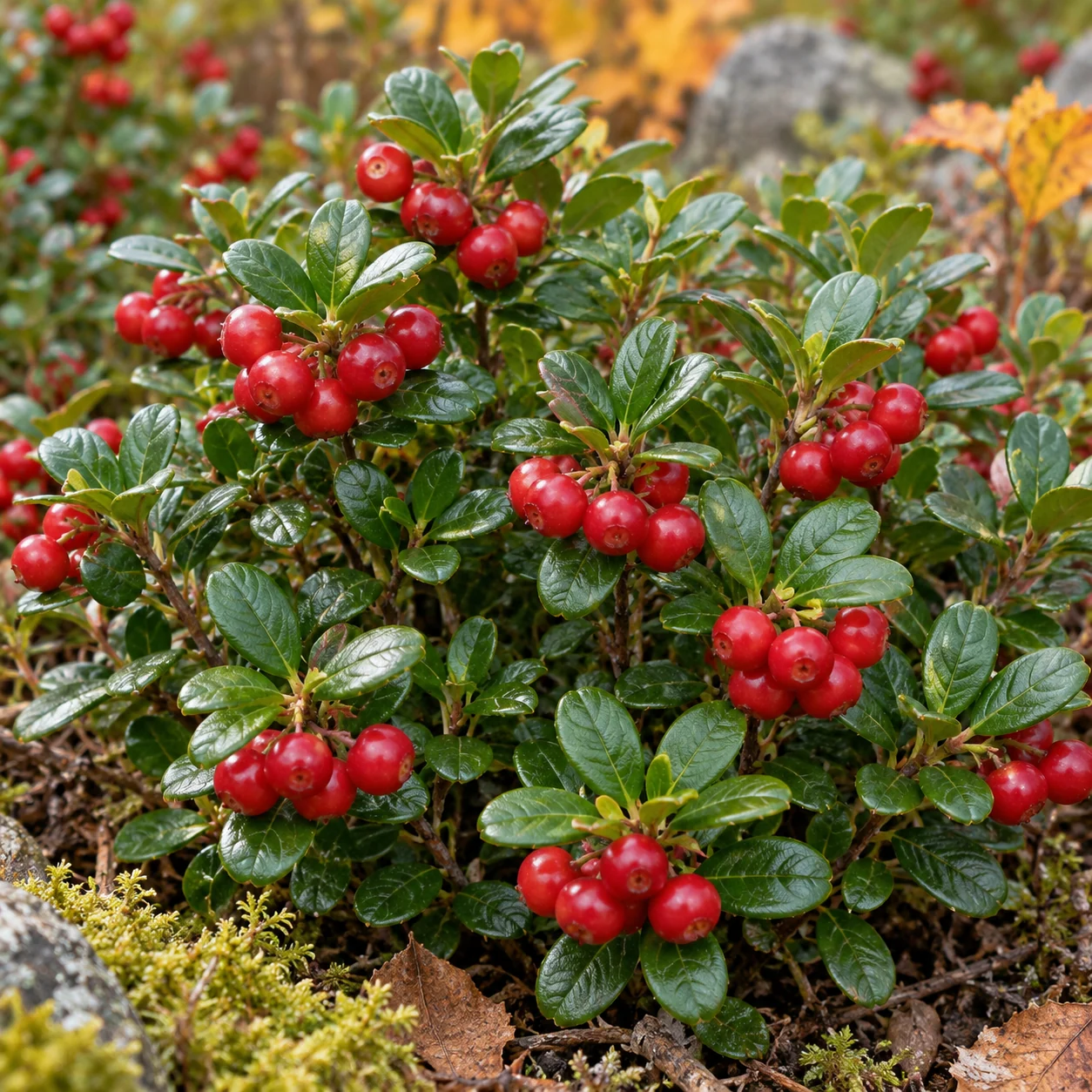 Rote Preiselbeeren und glänzende grüne Blätter in Nahaufnahme.