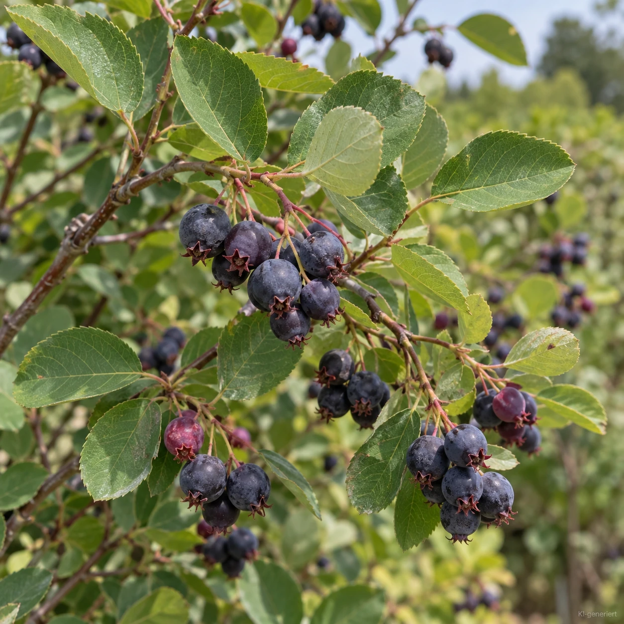 Dunkelblaue Früchte der Gewöhnlichen Felsenbirne am Zweig.