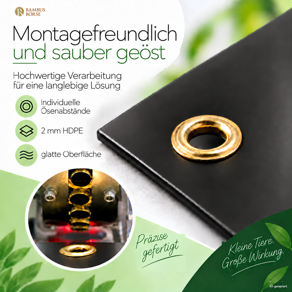 KI-generierte Nahaufnahme einer Messingöse an schwarzer 2-mm-HDPE-Bahn mit Fertigungsdetail und Hinweis auf individuelle Ösenabstände als Zusatzverarbeitung.