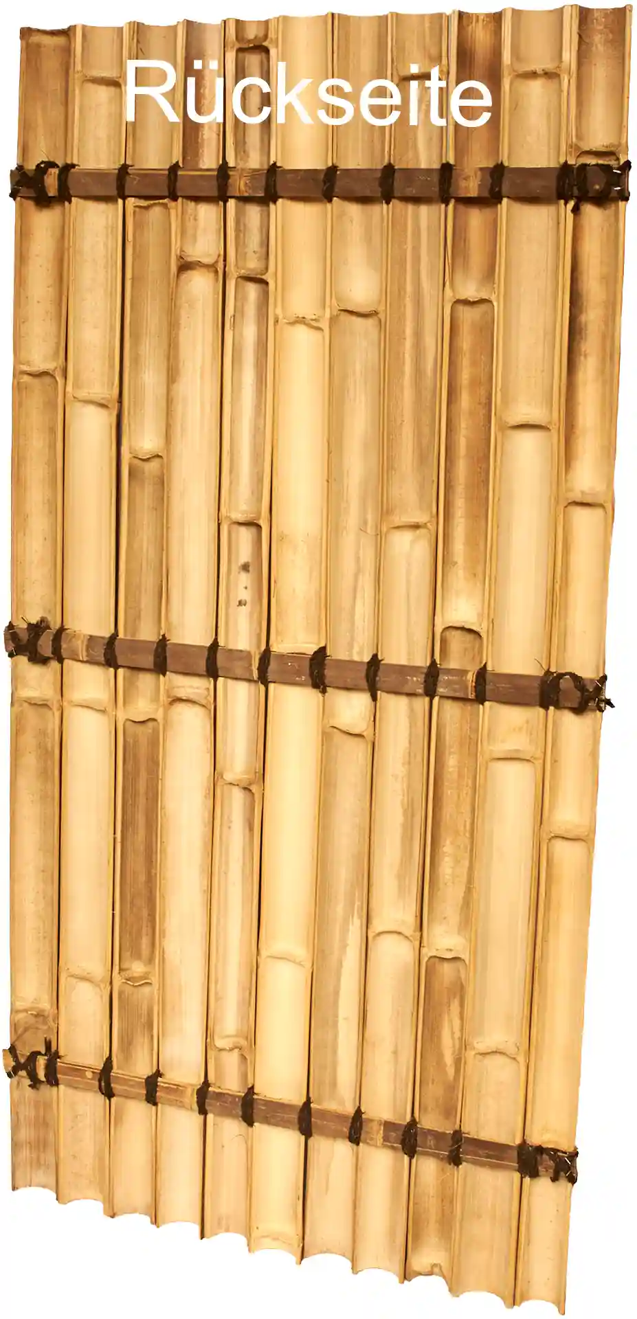 Rückseite eines Bambushalbzauns mit horizontalen Halteleisten und natürlicher Bambusstruktur.