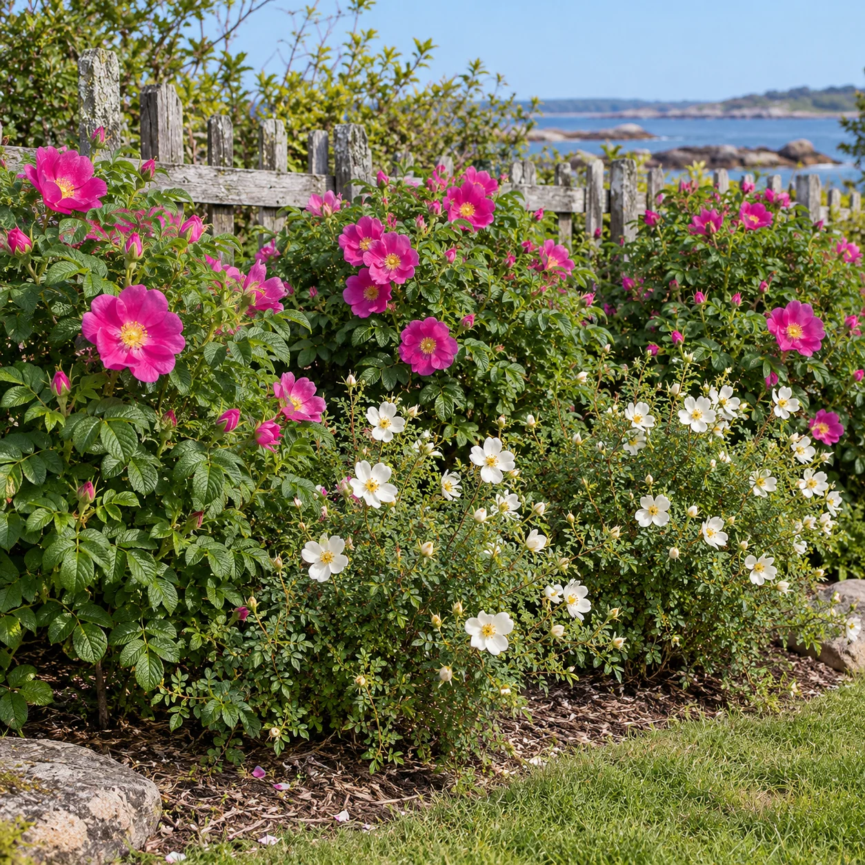 Rosa Inselrosen und weiße Dünenrosen gemeinsam in einem Gartenbeet.