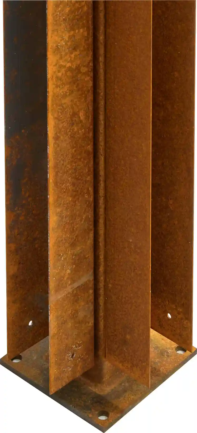 Eckpfosten aus Cortenstahl rostfarben beschichtet für stabile Bambuszaun Montage.