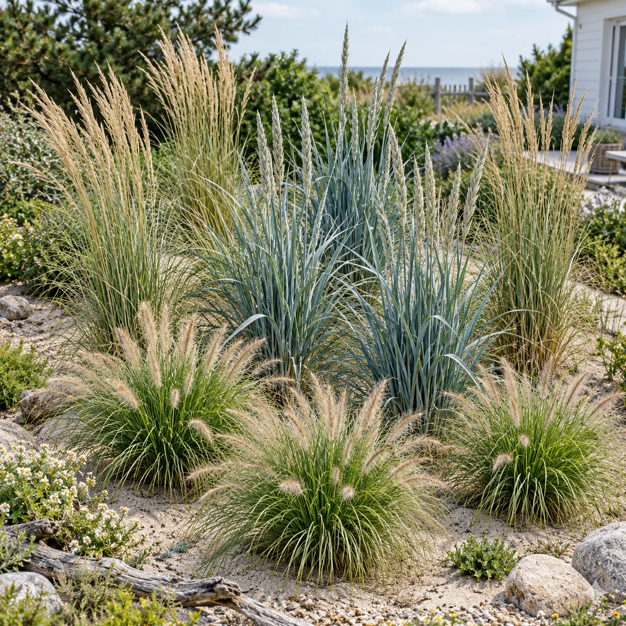 Oyat, seigle de mer et herbe aux écouvillons dans un exemple de plantation du lot de dix graminées des dunes.