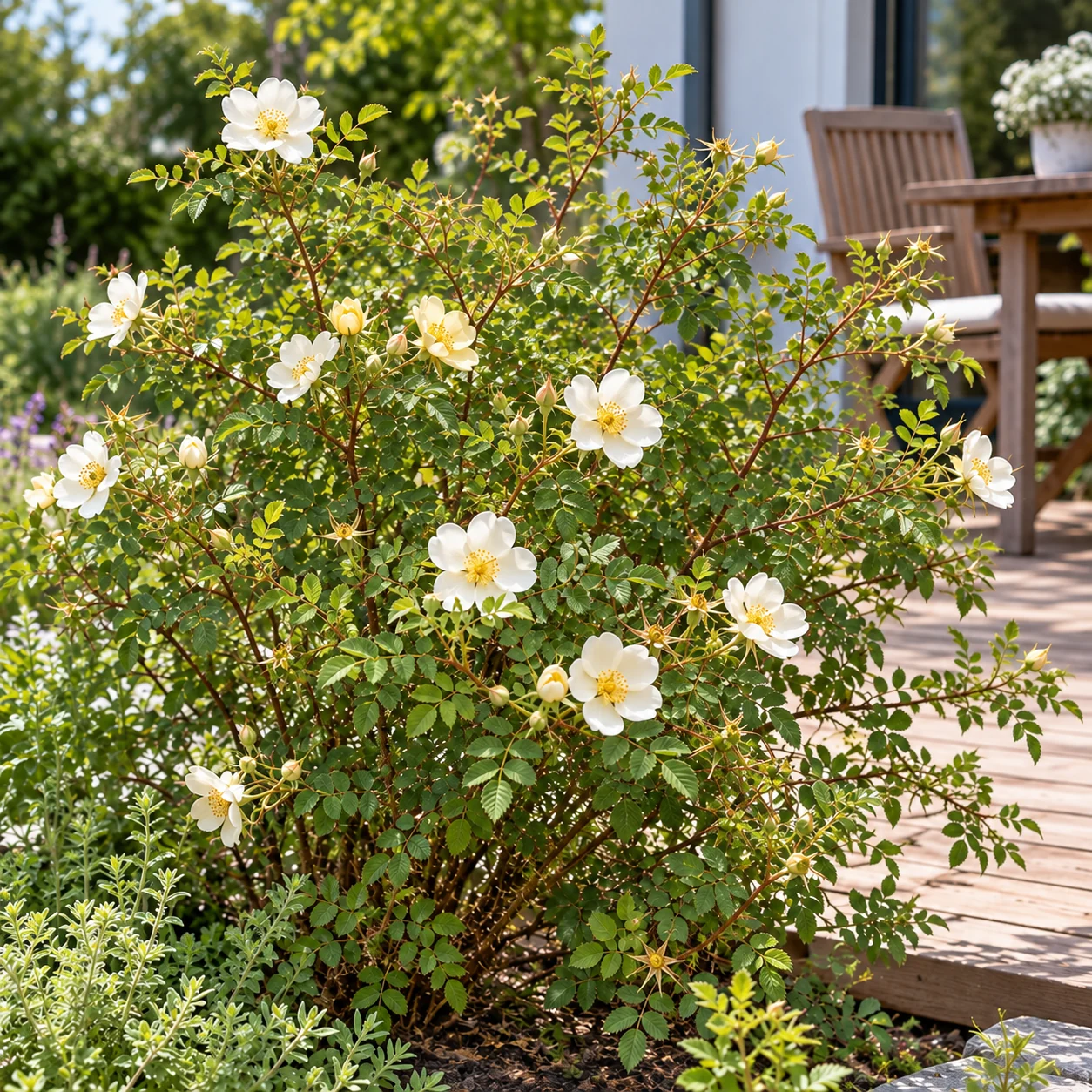 Weiß blühende Dünenrose in einer Pflanzung an der Terrasse.