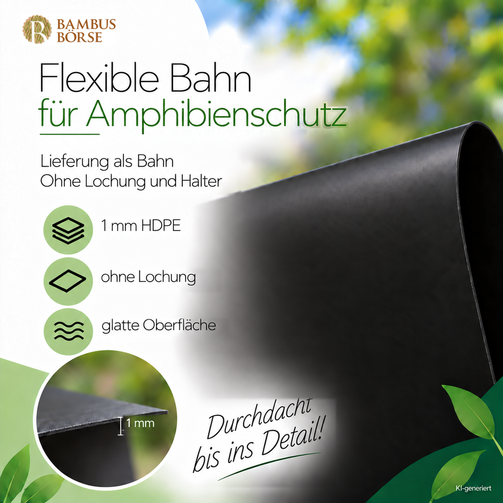 KI-generierte Nahaufnahme einer glatten schwarzen HDPE-Bahn ohne Lochung, mit Detailansicht der 1 mm starken Materialkante und ohne montierte Halter.