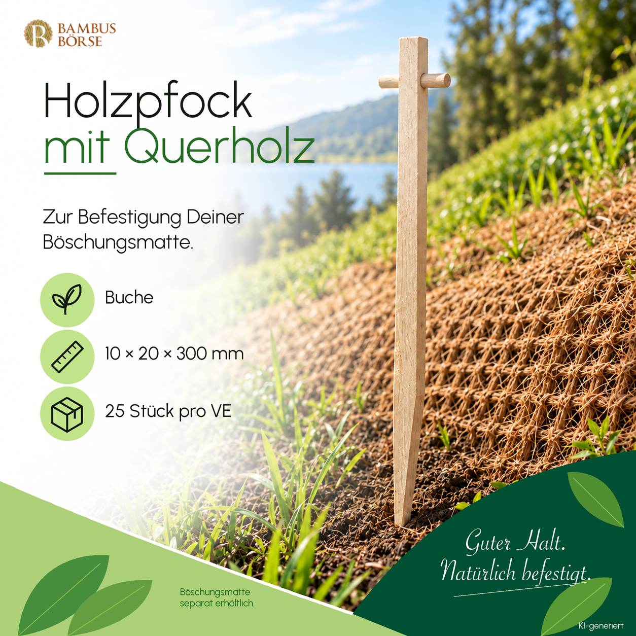 Holzpfock aus Buche mit kurzem vormontiertem Querholz, 10 × 20 × 300 mm, Verpackungseinheit 25 Stück. KI-generierte Produktdarstellung.