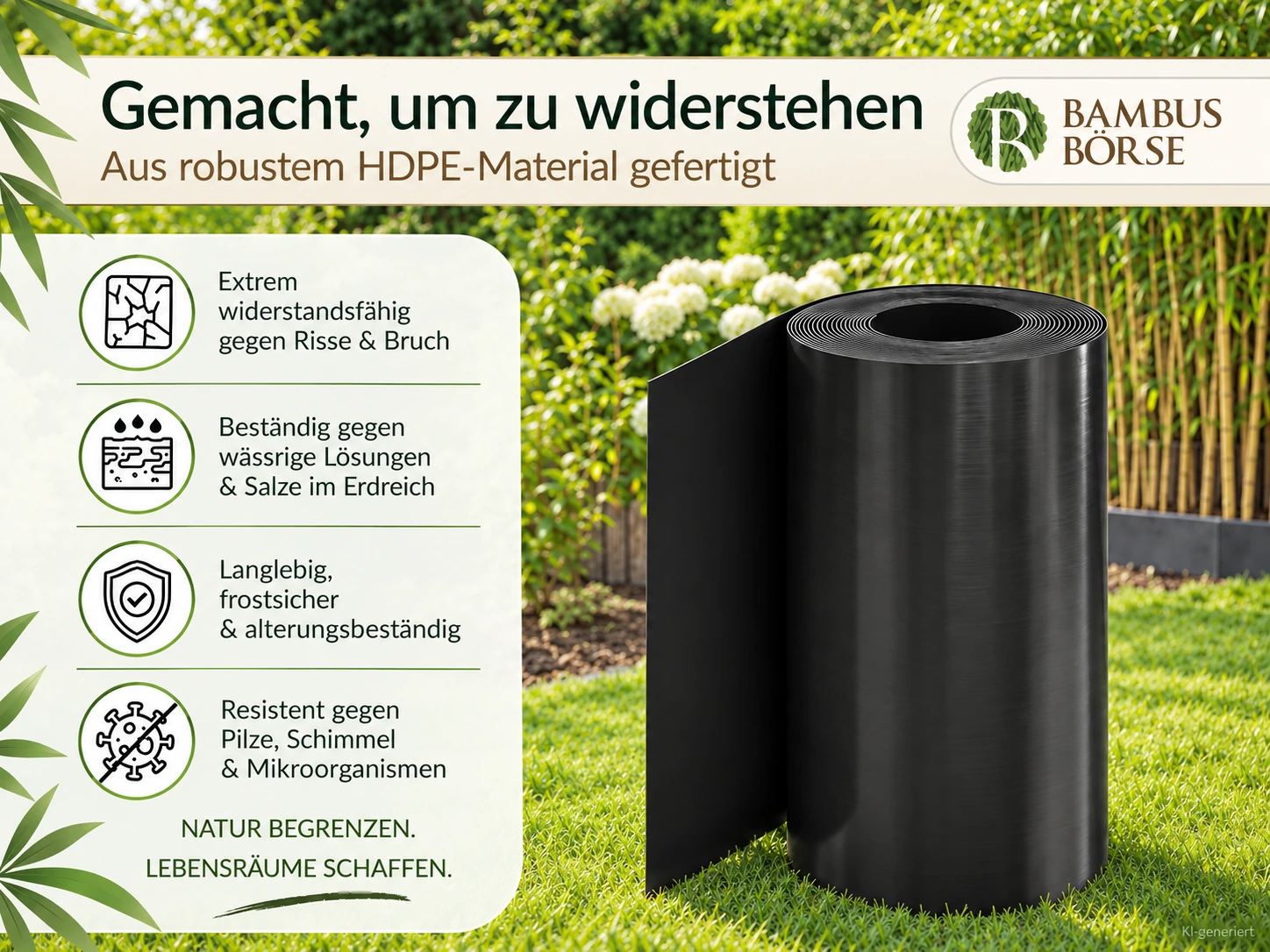 Schwarze HDPE-Rhizomsperre als Rolle im Garten mit Hinweisen zur Materialbeständigkeit. KI-generierte Illustration.